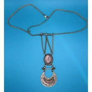 Long Silver Tone Faux Abalone Glass‎ Stone Pendant Multi Tier Statement Necklace